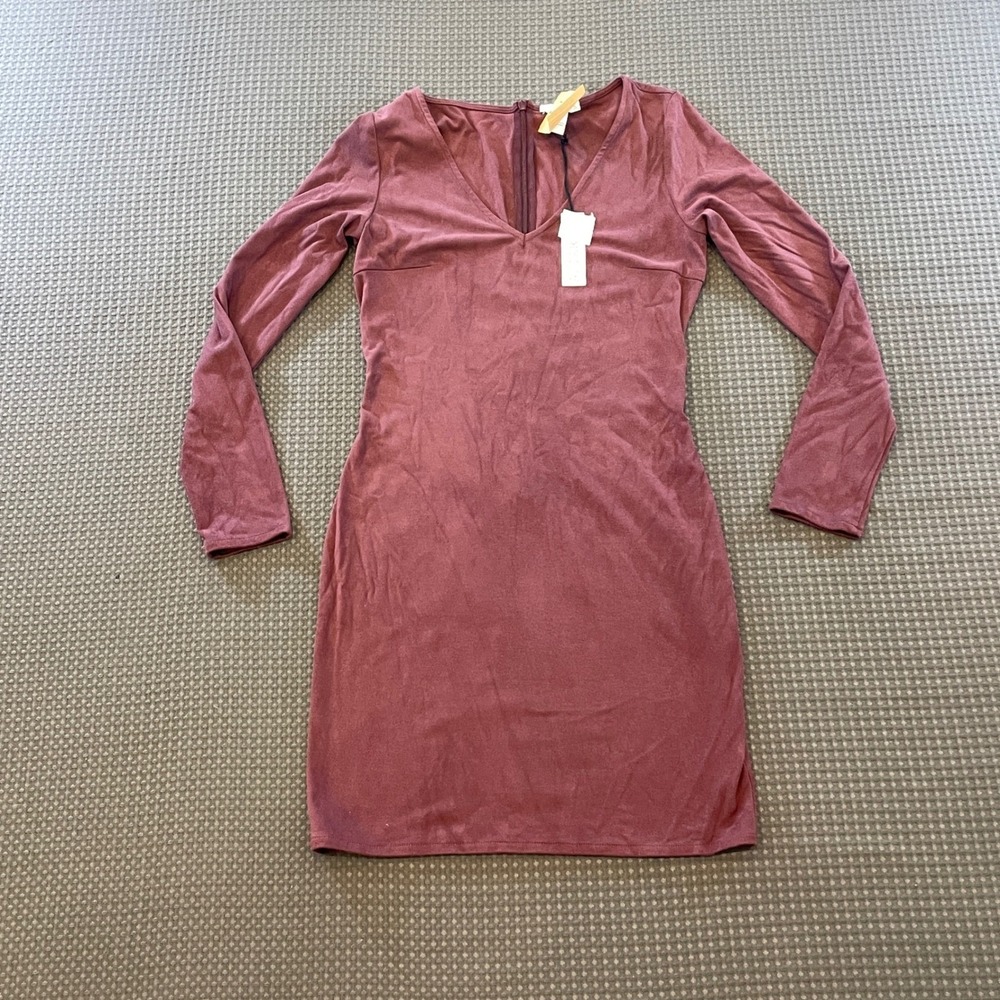 Astars Mini Dress Womens Small Vino Burgundy Faux Suede V-Neck Long Sleeve